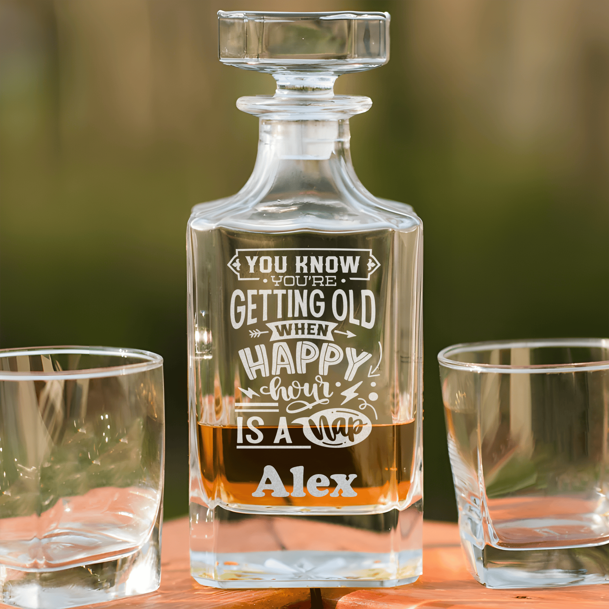 Funny Old Man Whiskey Decanter With Happy Hour Nap Time Design