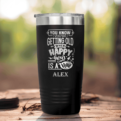 Black Funny Old Man Tumbler With Happy Hour Nap Time Design