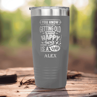 Grey Funny Old Man Tumbler With Happy Hour Nap Time Design