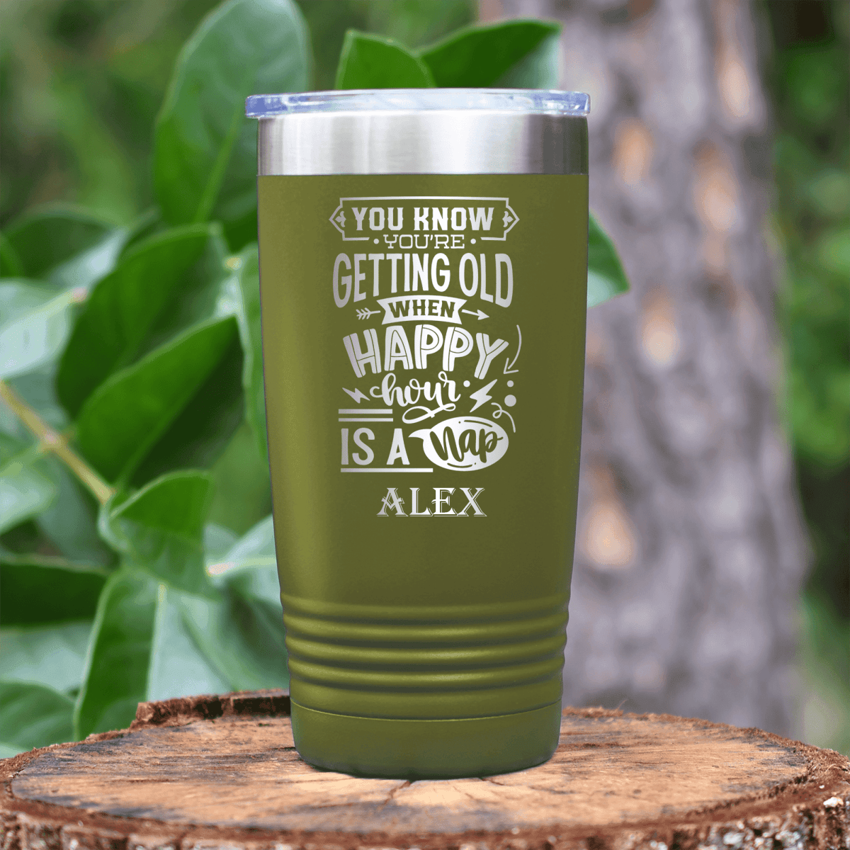 Military Green Funny Old Man Tumbler With Happy Hour Nap Time Design