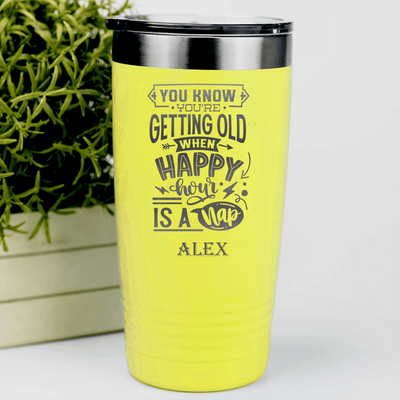 Yellow Funny Old Man Tumbler With Happy Hour Nap Time Design