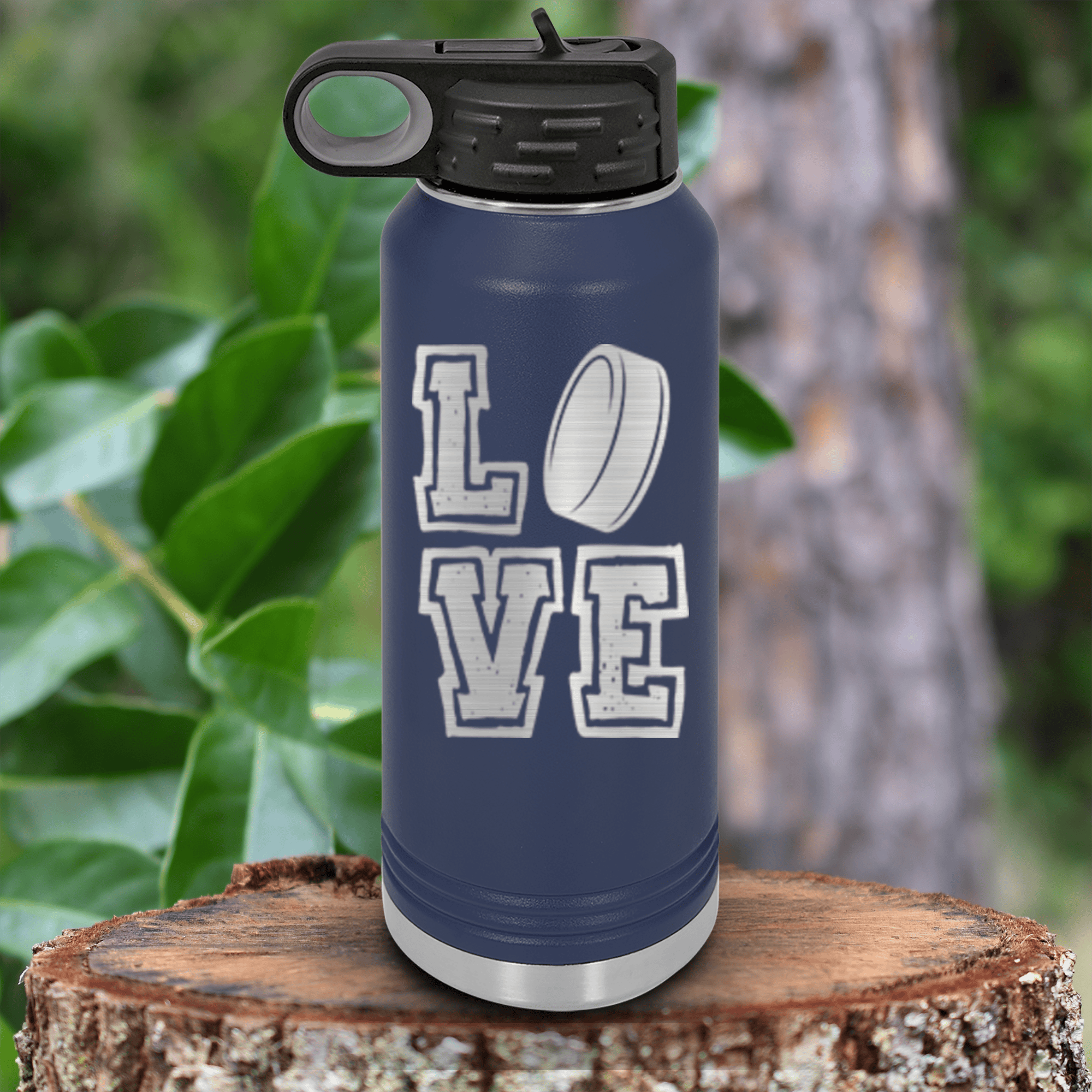 Navy Hockey Water Bottle With Heartbeats And Hat Tricks Design