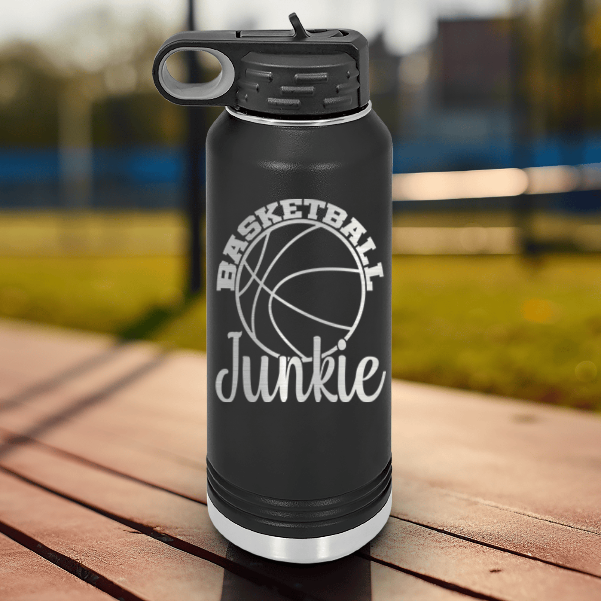 Black Basketball Water Bottle With Hoops Addict Visual Design