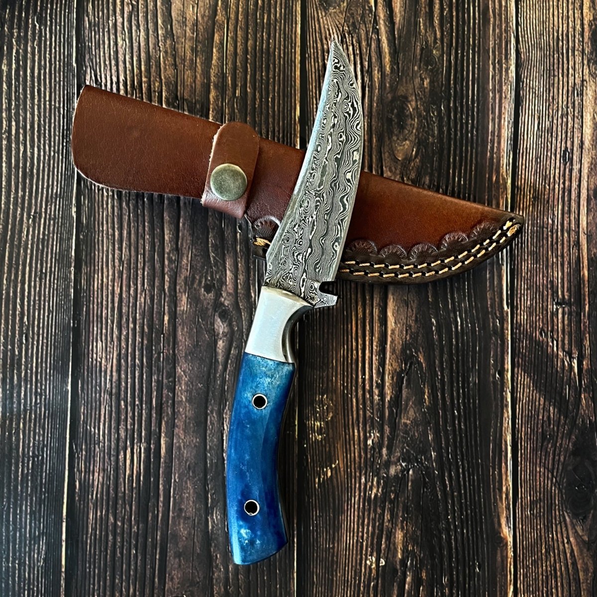Unique Personalized Damascus Hunting Knife Dyed Blue Bone Handle TD - 601 Customized Damascus Knife Gifts for Men by Groovy Guy