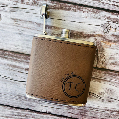 Brown Leather Wrapped Personalized Flask