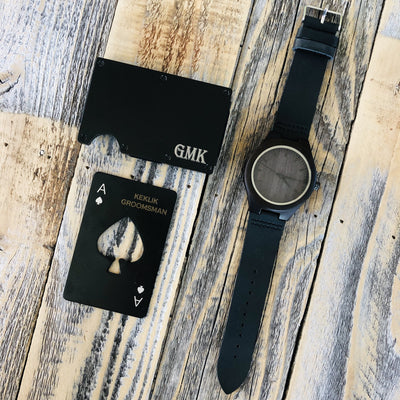 Personalized credit card holder, bottle opener, and watch
