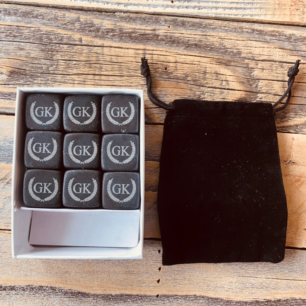 Personalized whiskey stones set with engraved initials