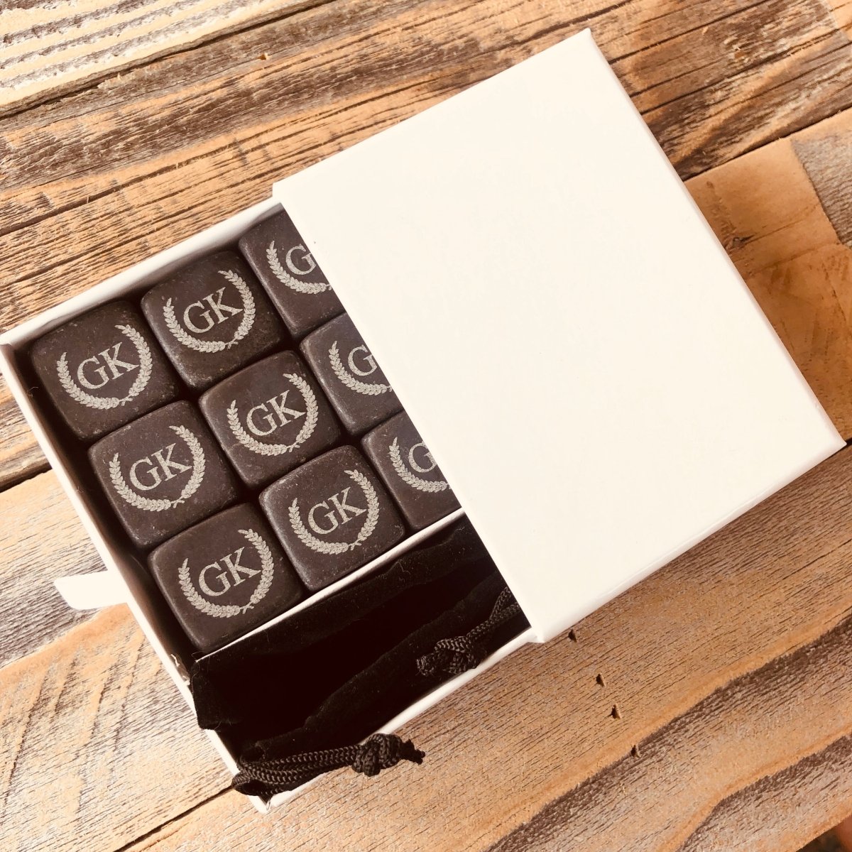 Personalized whiskey stones set with engraved initials