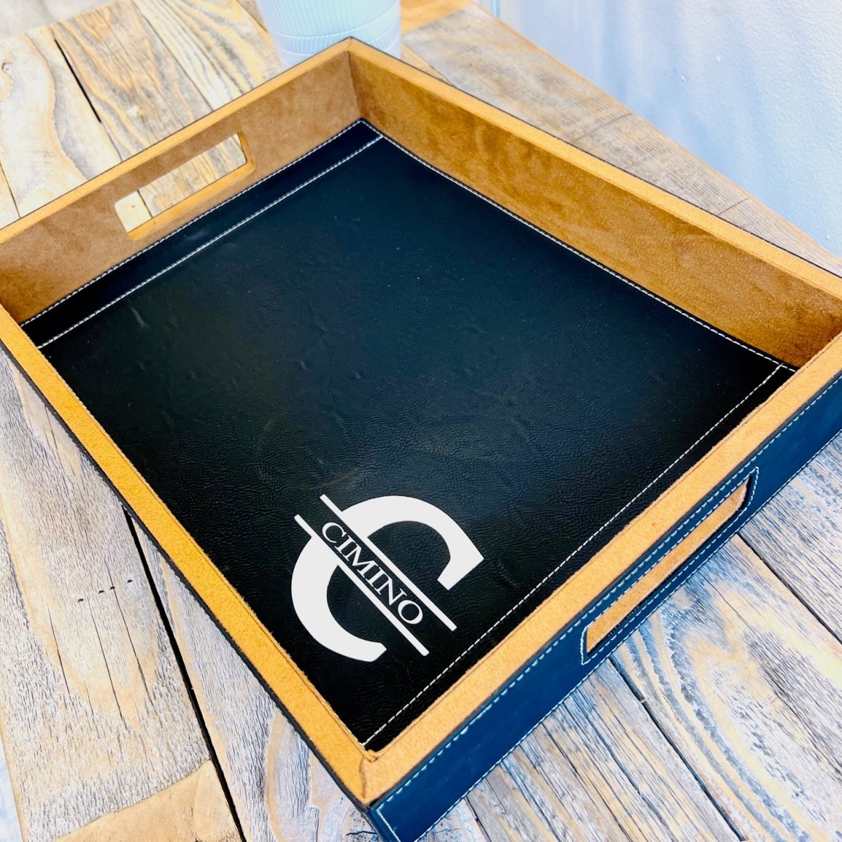 Unique Personalized Black Leather Serving Tray Customized Gifts for Men by Groovy Guy
