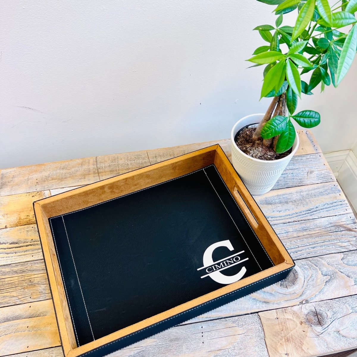 Unique Personalized Black Leather Serving Tray Customized Gifts for Men by Groovy Guy