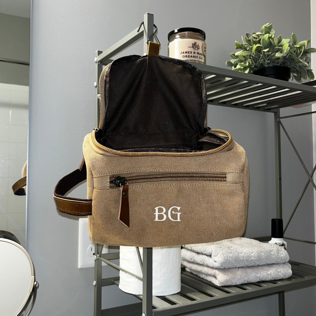 Monogrammed Toiletry Bag for Men | Personalized Canvas & Leather Dopp Kit