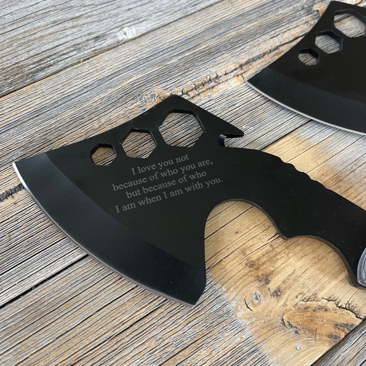 Engraved anniversary axe with high-carbon stainless steel blade, personalized wooden handle, and nylon sheath – perfect for weddings, anniversaries, or thoughtful gifts.