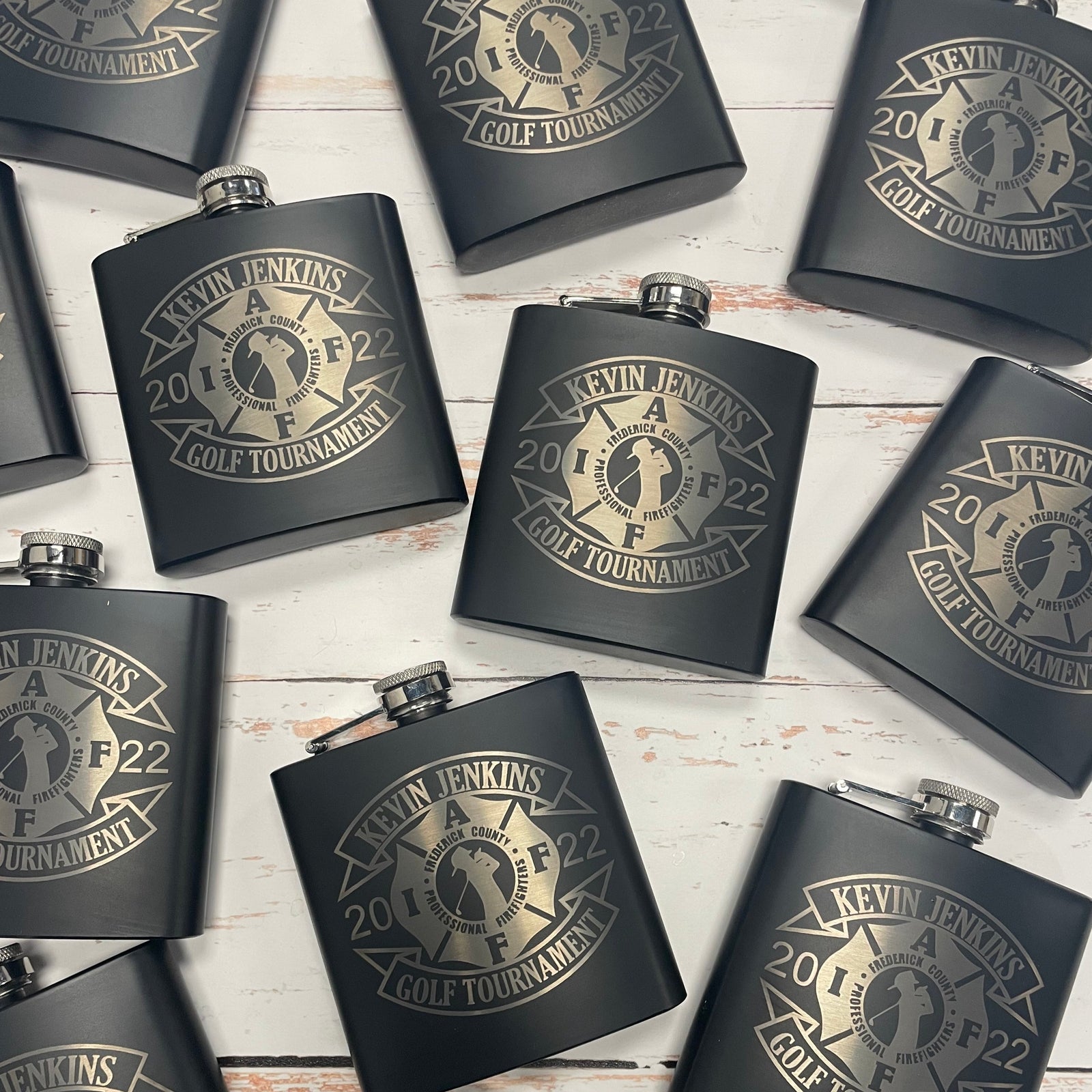 Custom black matte golf flasks engraved with logo perfect golf outing gift for golf bags