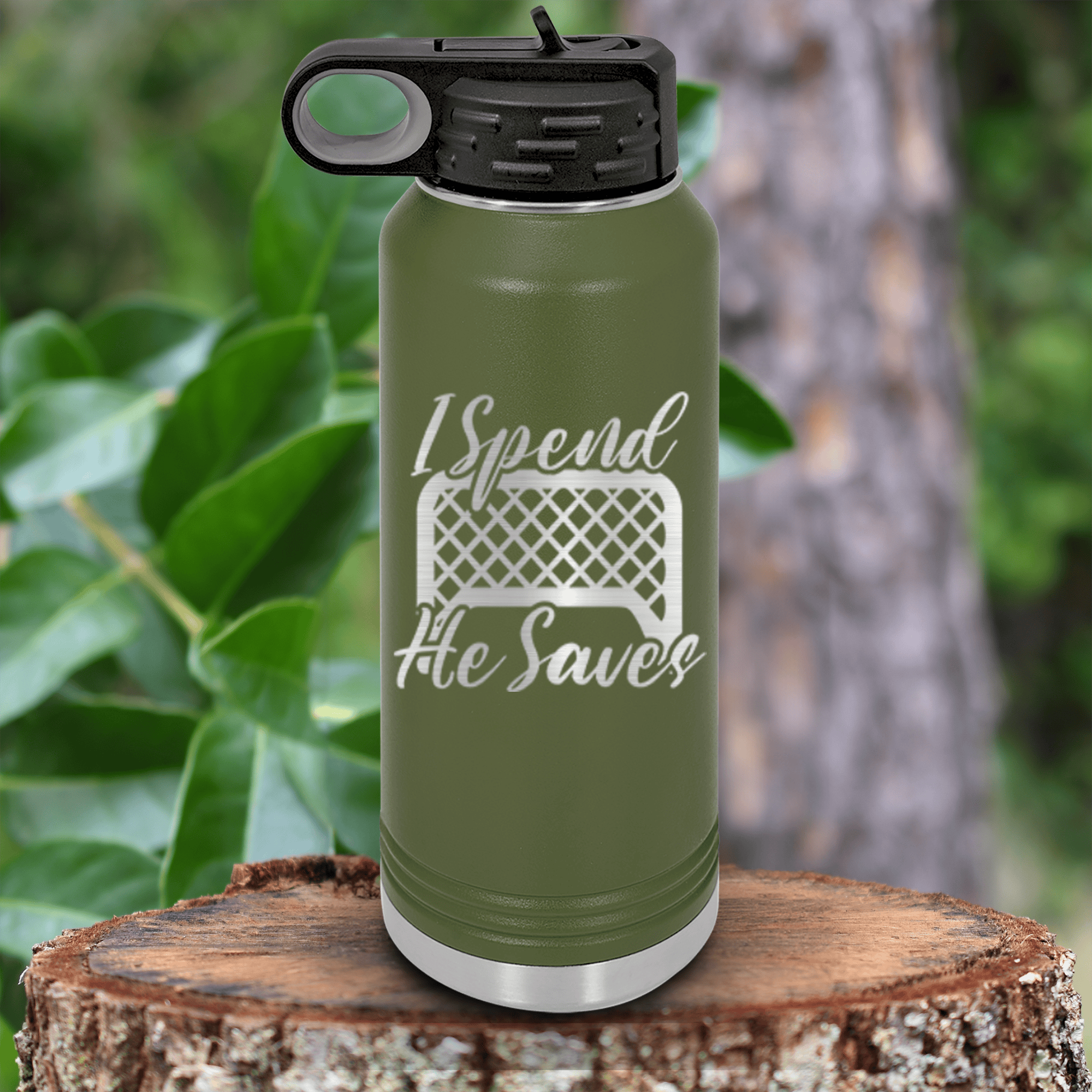 Military Green Hockey Water Bottle With I Shop He Stops Design