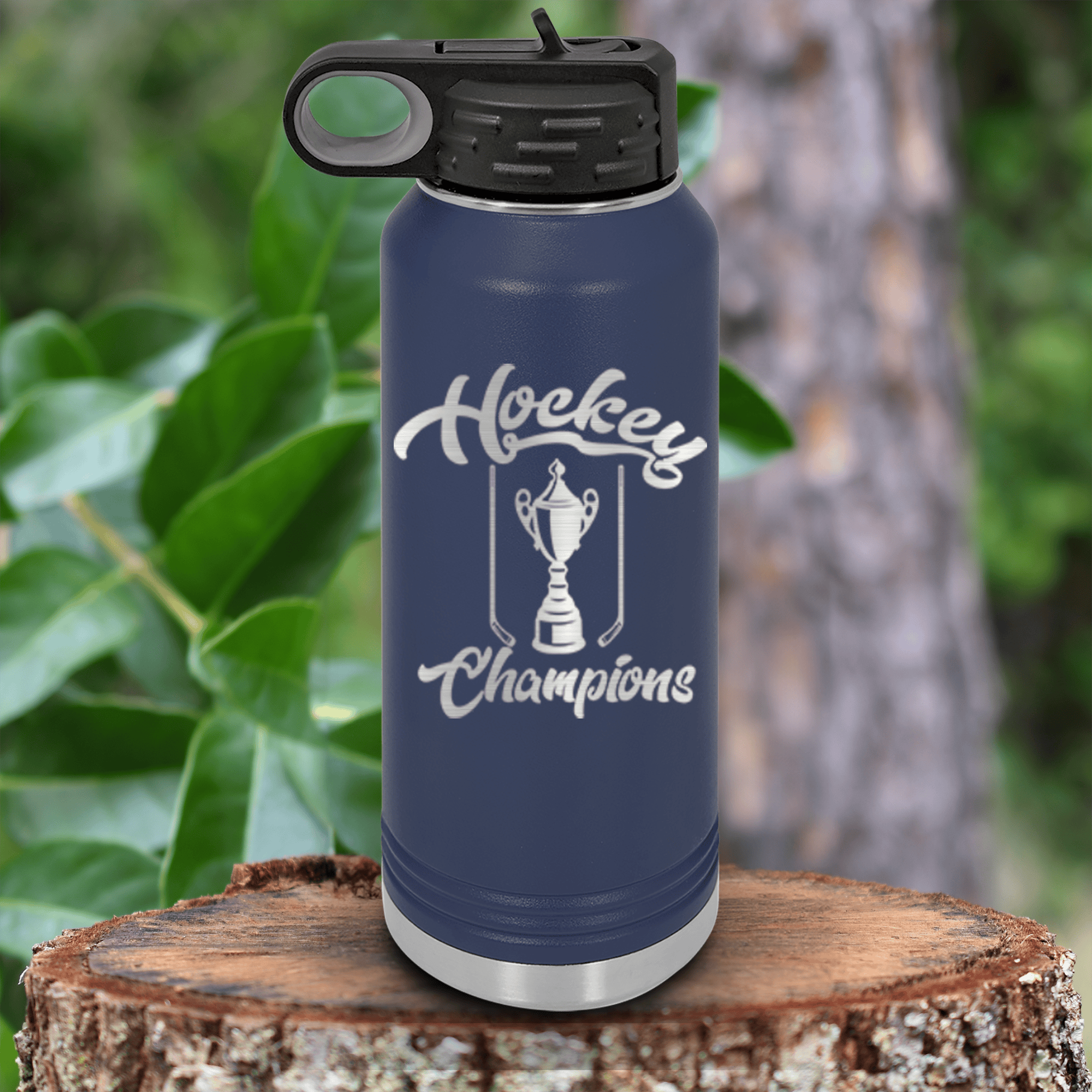 Navy Hockey Water Bottle With Icy Crowns And Trophies Design