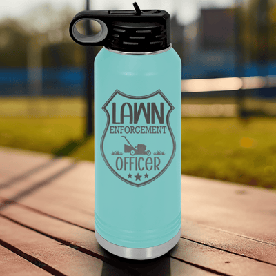 Teal Fathers Day Water Bottle With Lawn Enforcement Officer Design