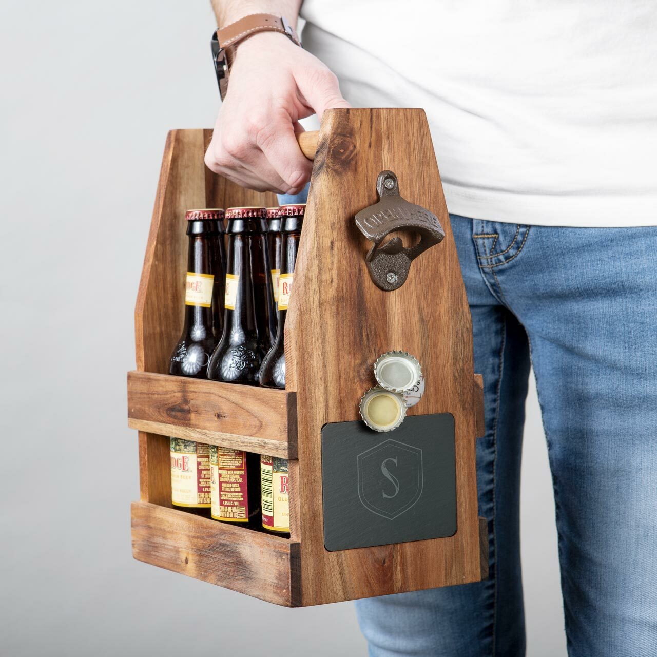 Personalized Wood Beer Carrier / Holder with Bottle Opener - Groovy Guy  Gifts
