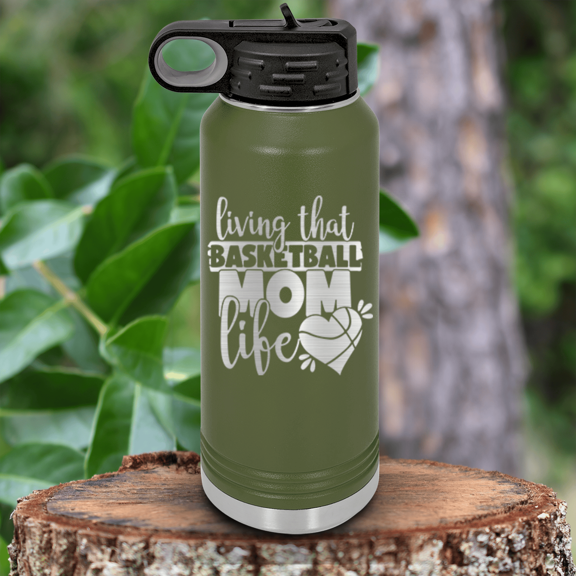 Military Green Basketball Water Bottle With Life As A Hoops Mom Design