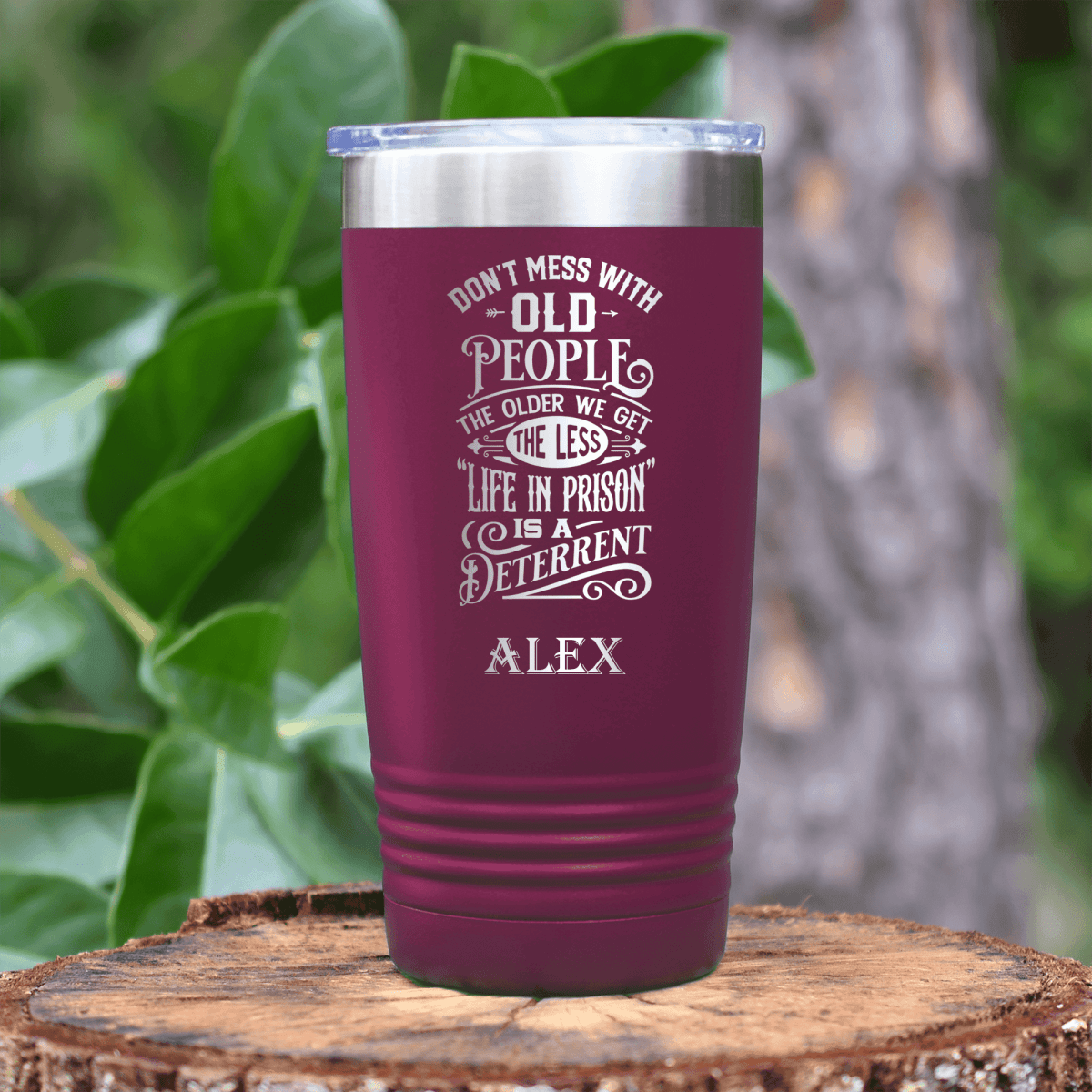Maroon Funny Old Man Tumbler With Life In Prison Design