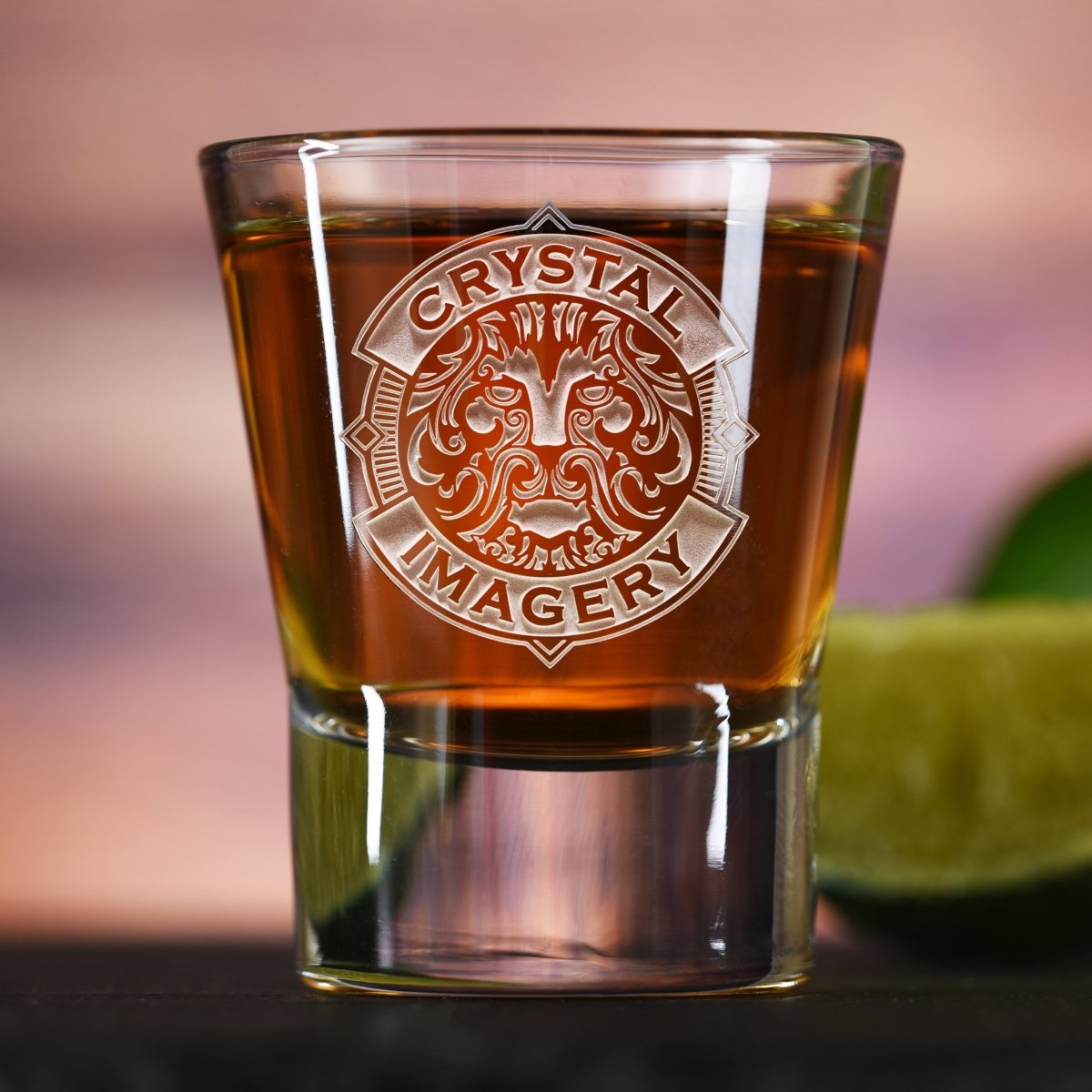 Boardroom Pour personalized logo shot glass with sand-carved company logo