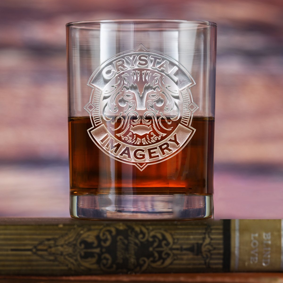 Pinnacle Logo personalized bourbon whiskey glass with sand-carved company logo