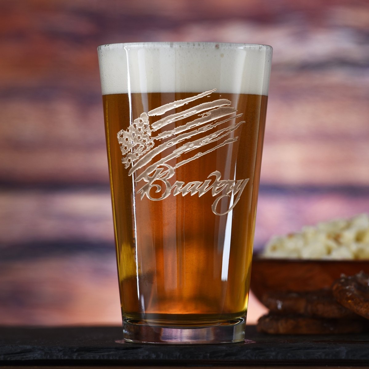 Bravery Flag personalized pint glass with sand-carved Stars and Stripes flag design