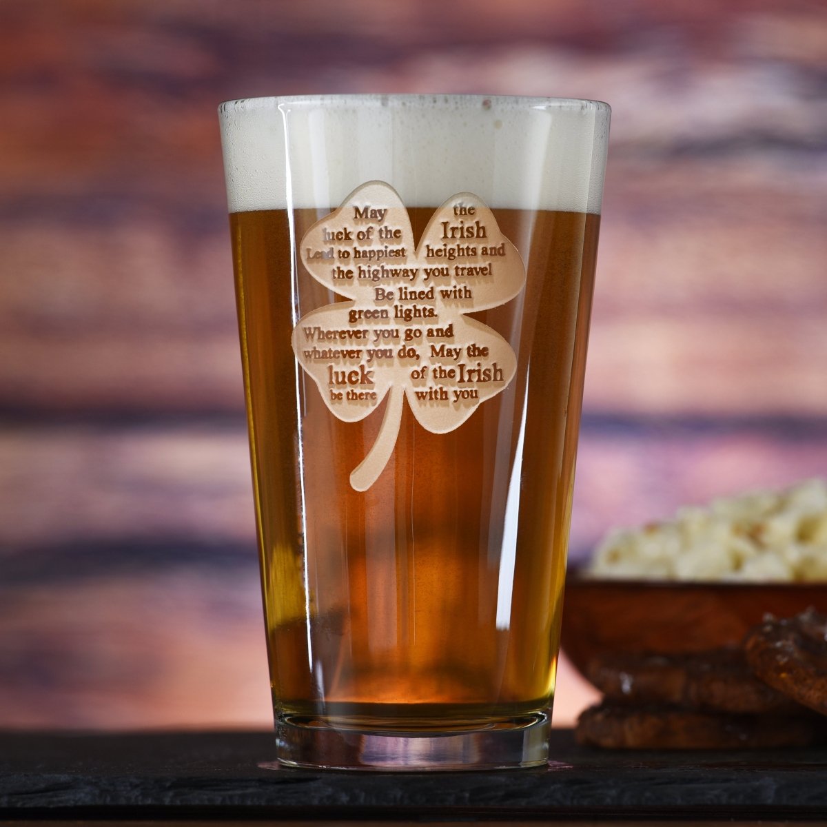 Shamrock Pub personalized Luck of the Irish pint glass with sand-carved Celtic design