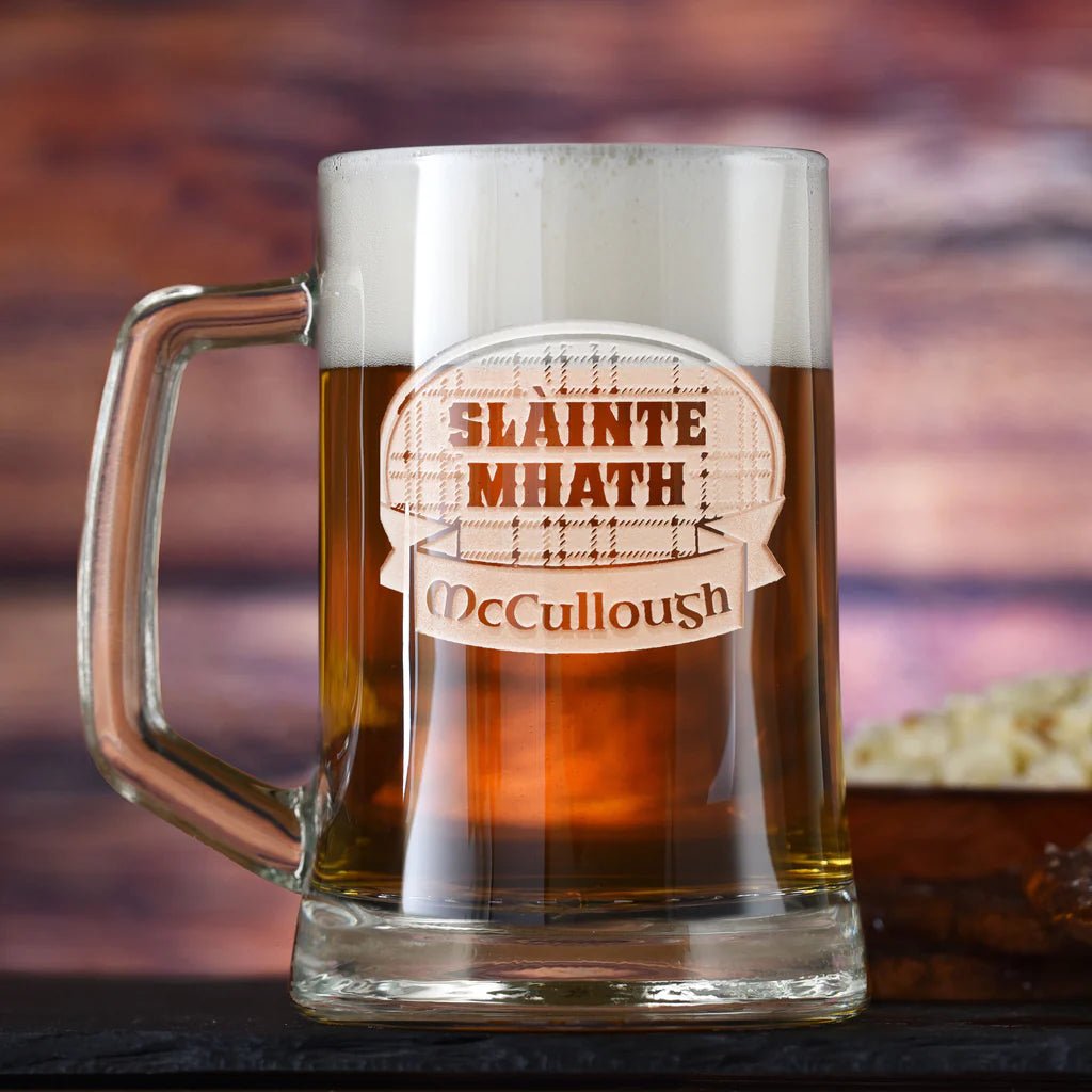 Unique Personalized Slainte Mhath Engraved Beer Mug Customized Drinkware Gifts for Men by Groovy Guy