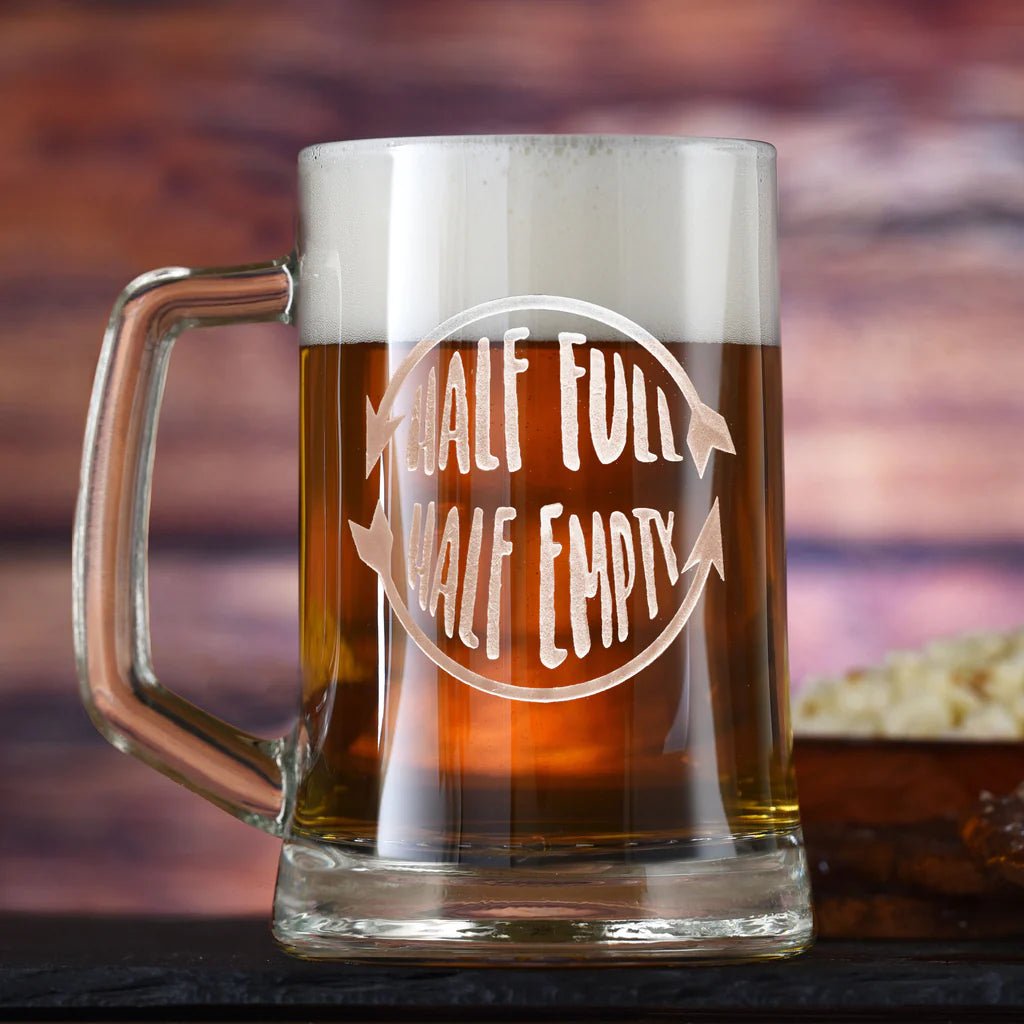Unique Personalized Glass Half Full Half Empty Beer Mug Customized Drinking Glass Gifts for Men by Groovy Guy