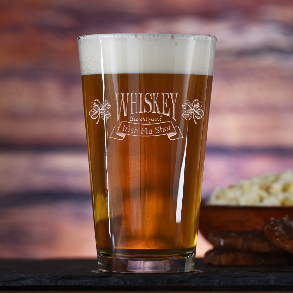 Irish Flu Shot personalized pint glass with sand-carved Irish design