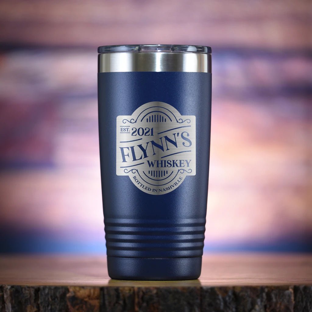 Unique Personalized Distillery Label Travel Tumbler Customized Tumblers Gifts for Men by Groovy Guy