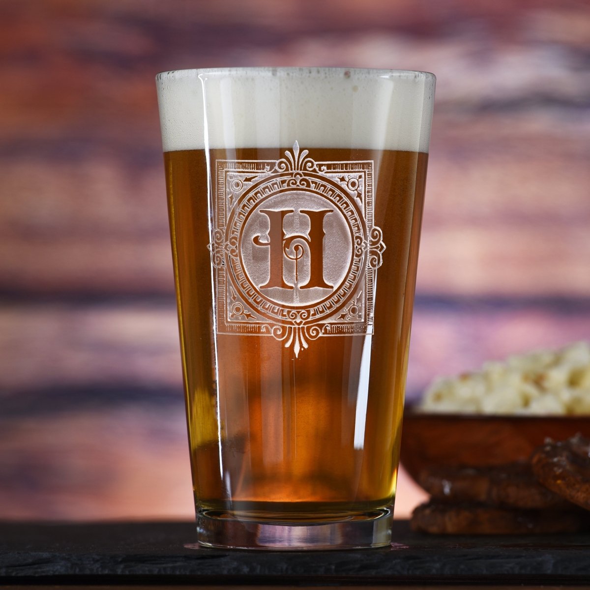 Standard Pub personalized monogram pint glass with sand-carved monogram