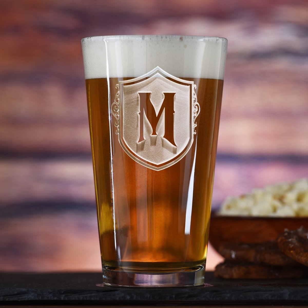 Shield Standard personalized pint glass with sand-carved classic family shield