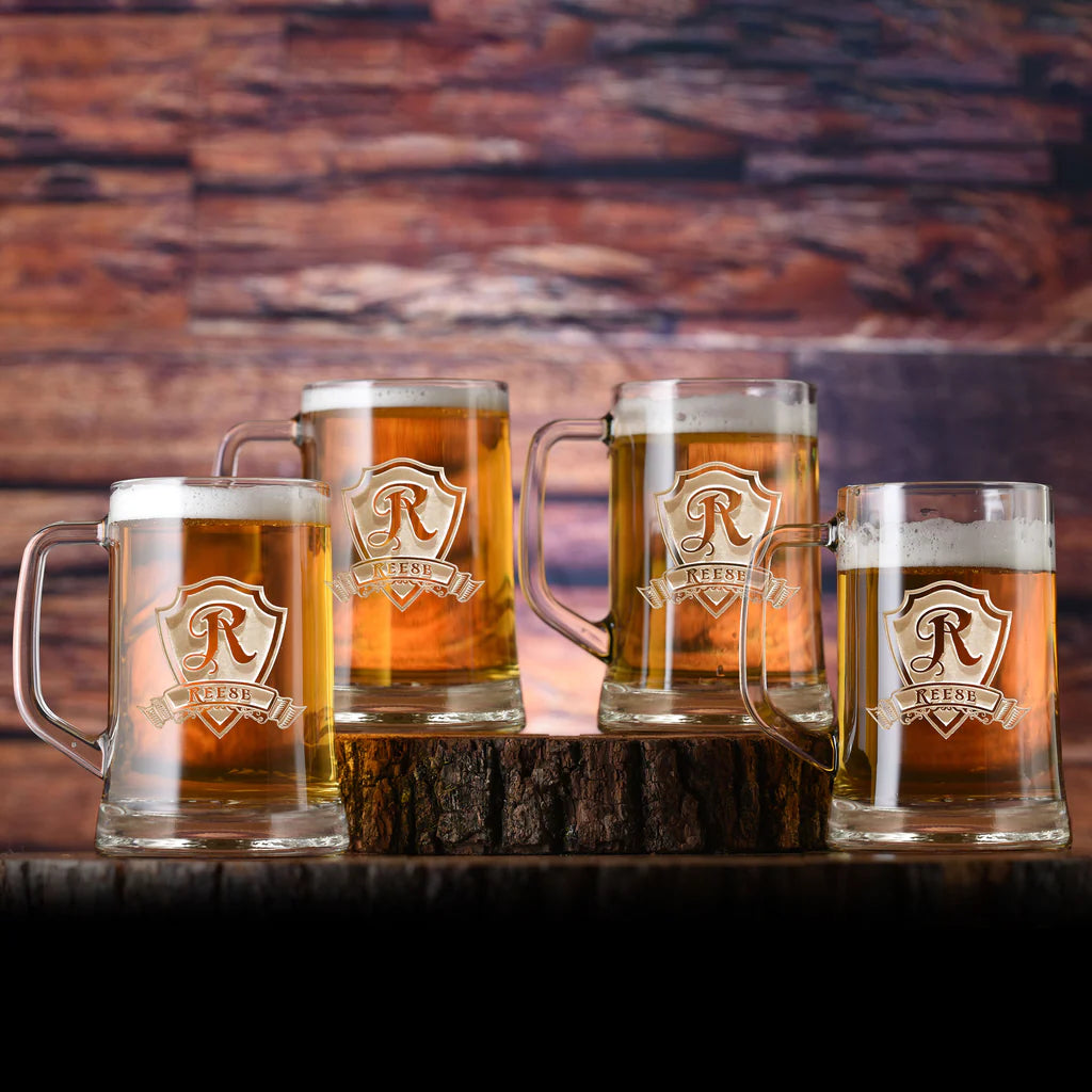 Engraved Beer Mug Set of 4 | 23 oz Personalized Glass Mugs