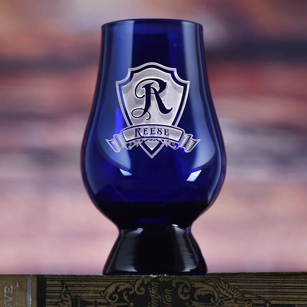 Sapphire personalized blue Glencairn whiskey glass with sand-carved initial and name