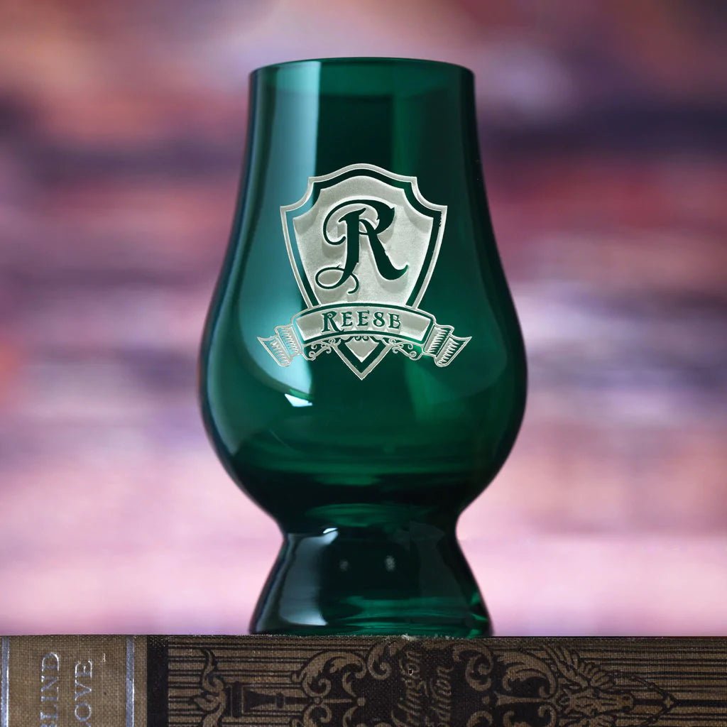 Unique Personalized Engraved Shield Green Glencairn Glass Customized Drinkware Gifts for Men by Groovy Guy