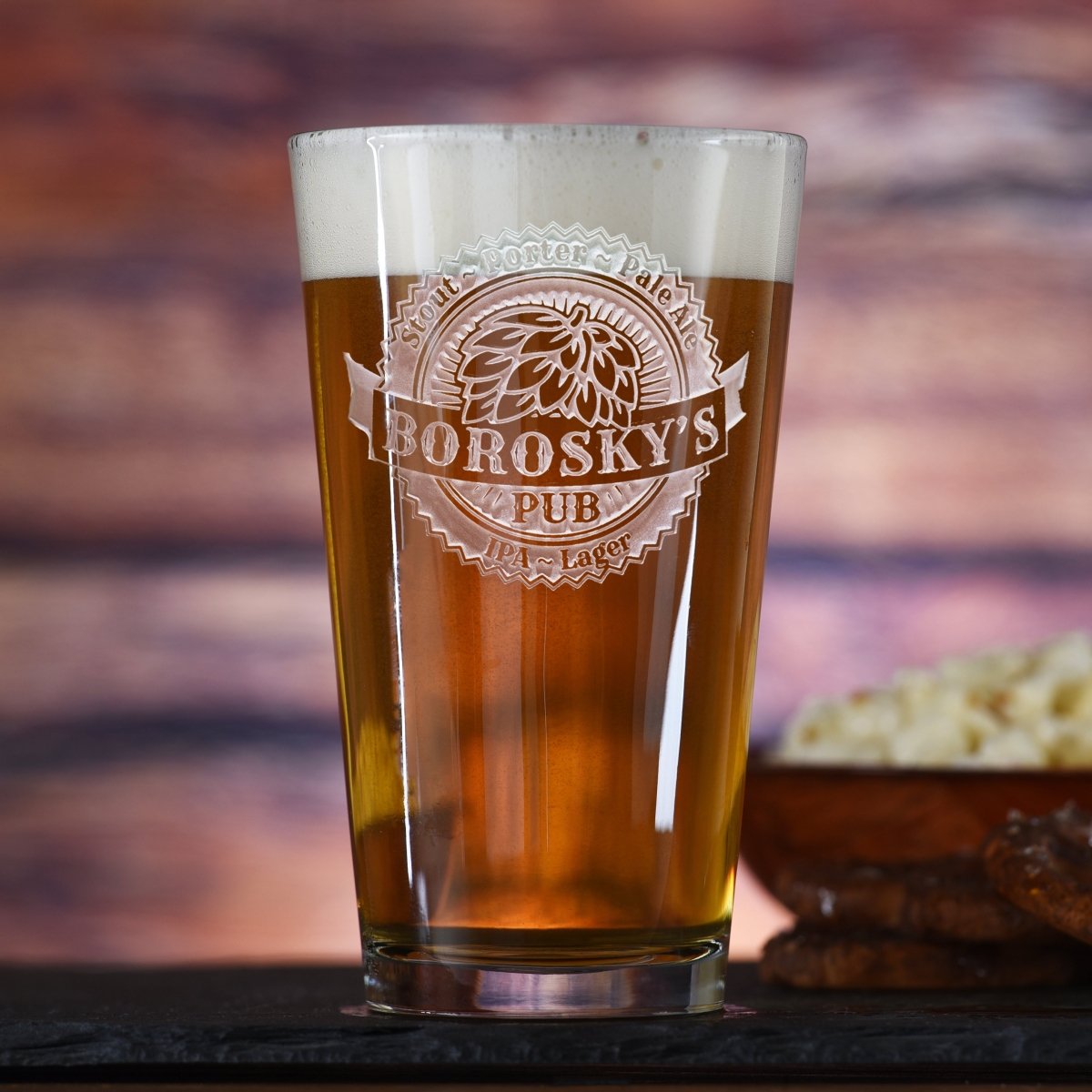 Home Brewer personalized hops pint glass with sand-carved hops design