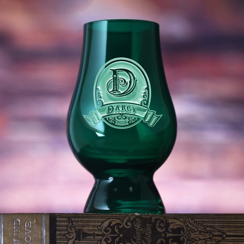 Pine Crest personalized green Glencairn whiskey glass with sand-carved initial and name