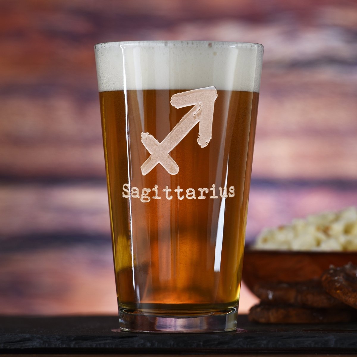 Zodiac Pour personalized pint glass with sand-carved zodiac sign