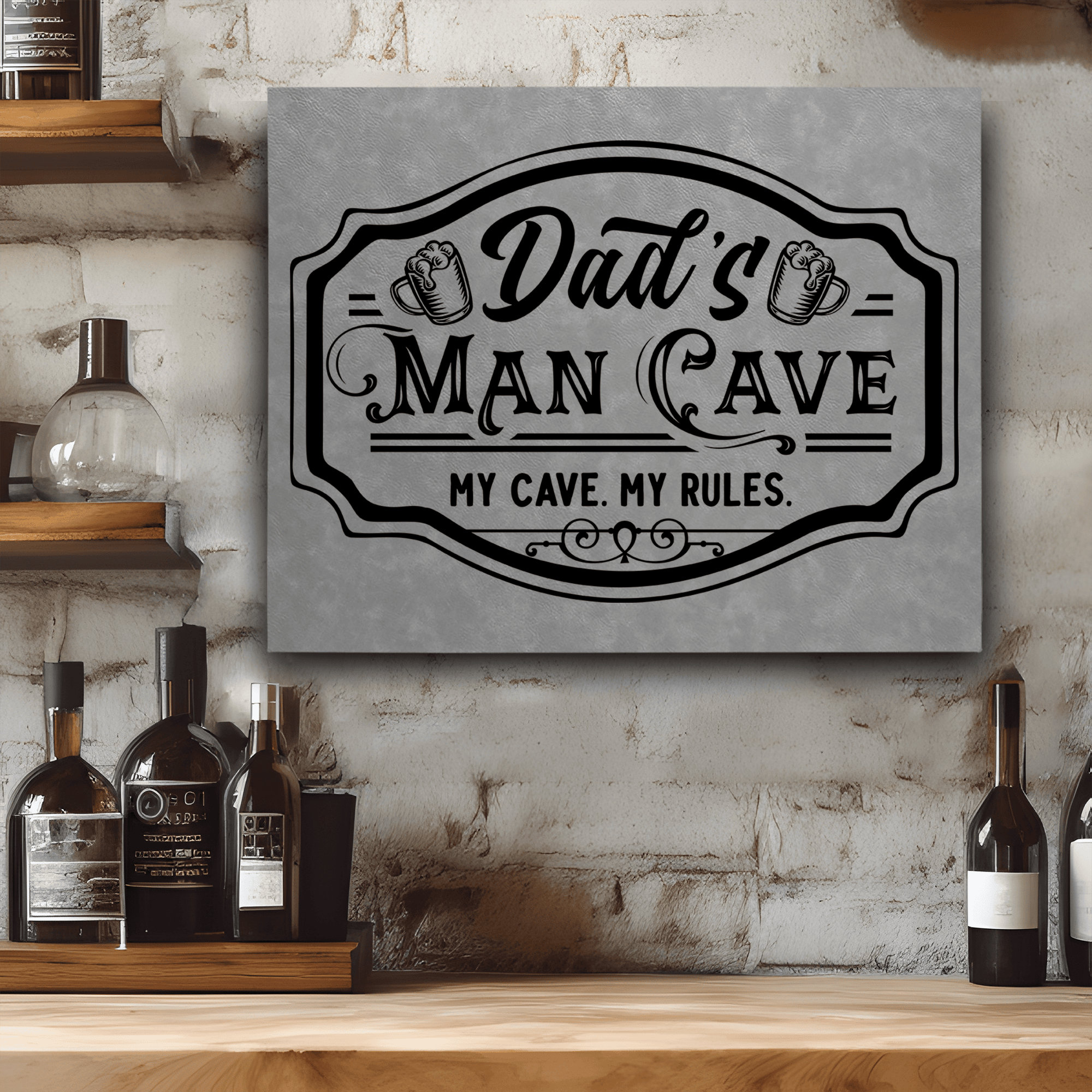Grey Leather Wall Decor With Man Cave Dads Only Design