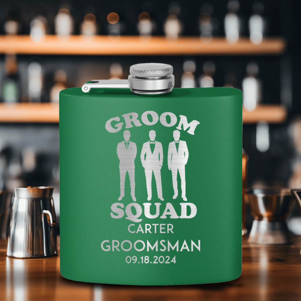 Green Groomsman Flask With Men In Black Design