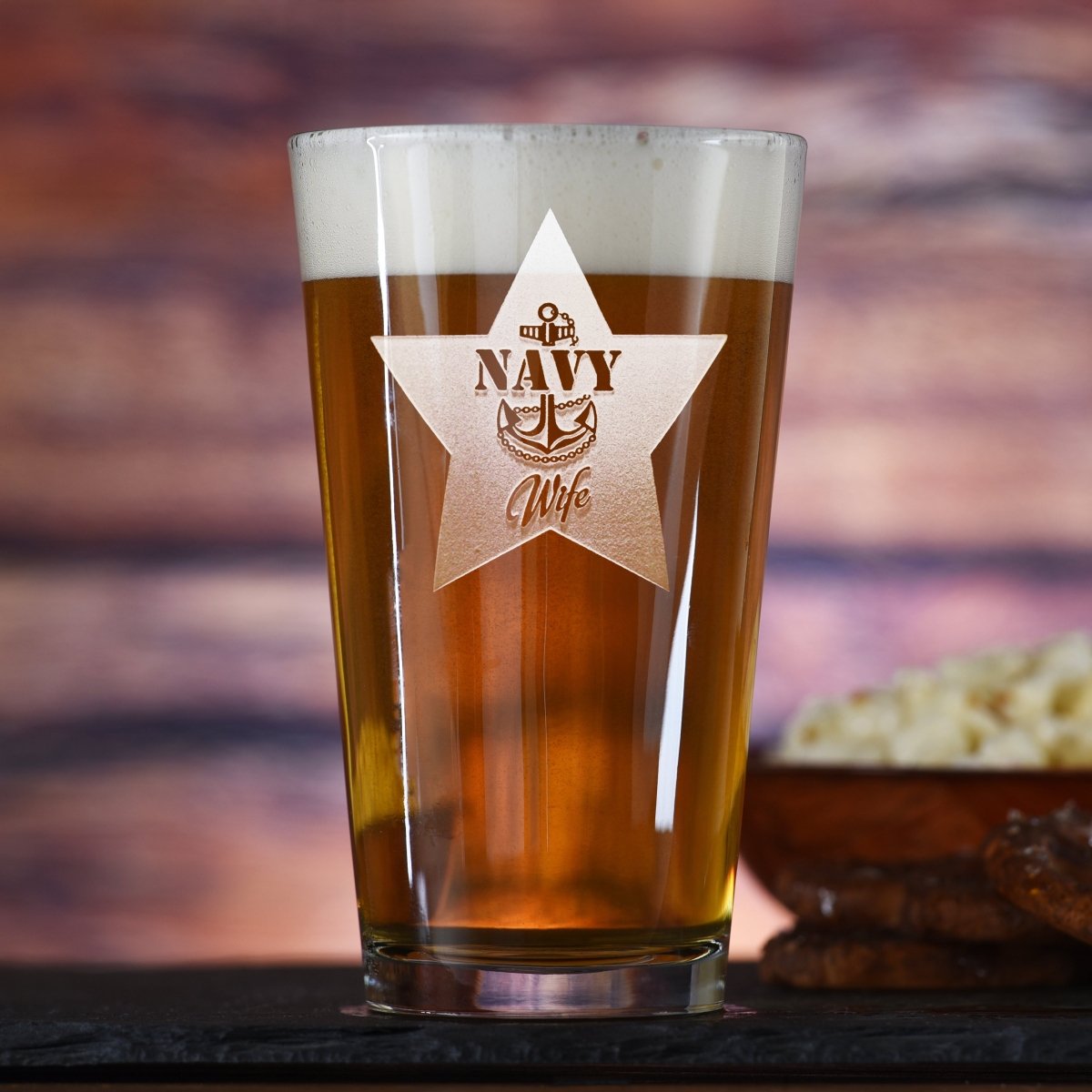 Sailor Spouse Navy personalized pint glass with sand-carved Navy emblem and sailor's name