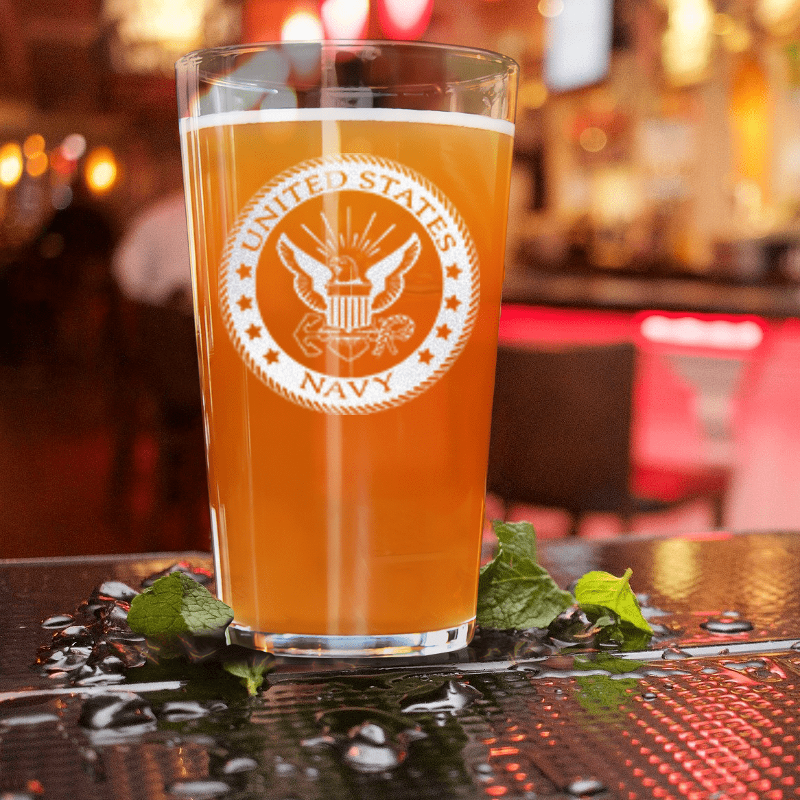 Unique Personalized Navy Badge Pint Glass Customized Military Retirement Pint Glasses Gifts for Men by Groovy Guy