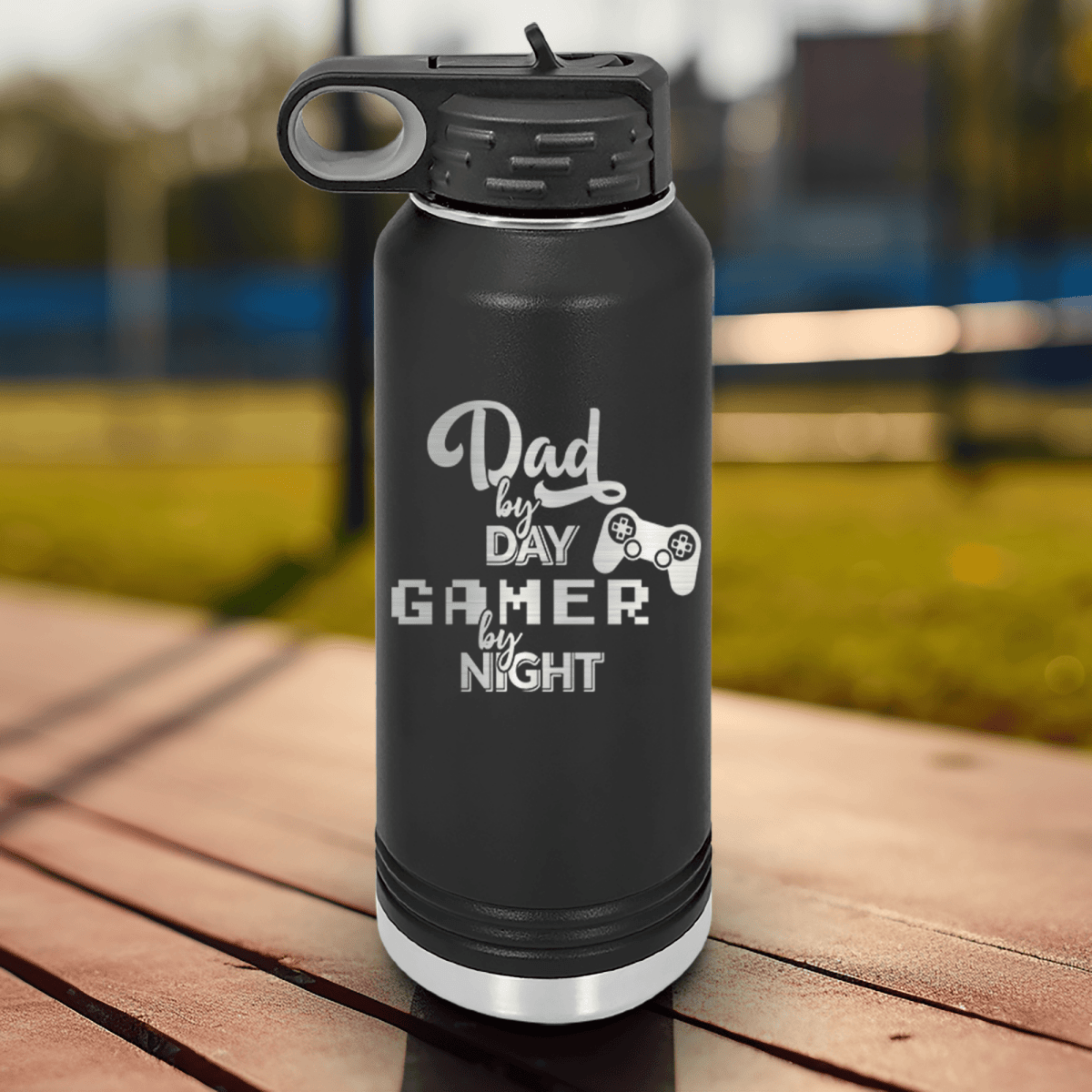 Black Fathers Day Water Bottle With Night Gamer Dad Design