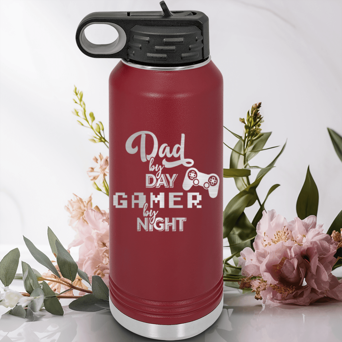 Maroon Fathers Day Water Bottle With Night Gamer Dad Design