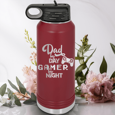 Maroon Fathers Day Water Bottle With Night Gamer Dad Design