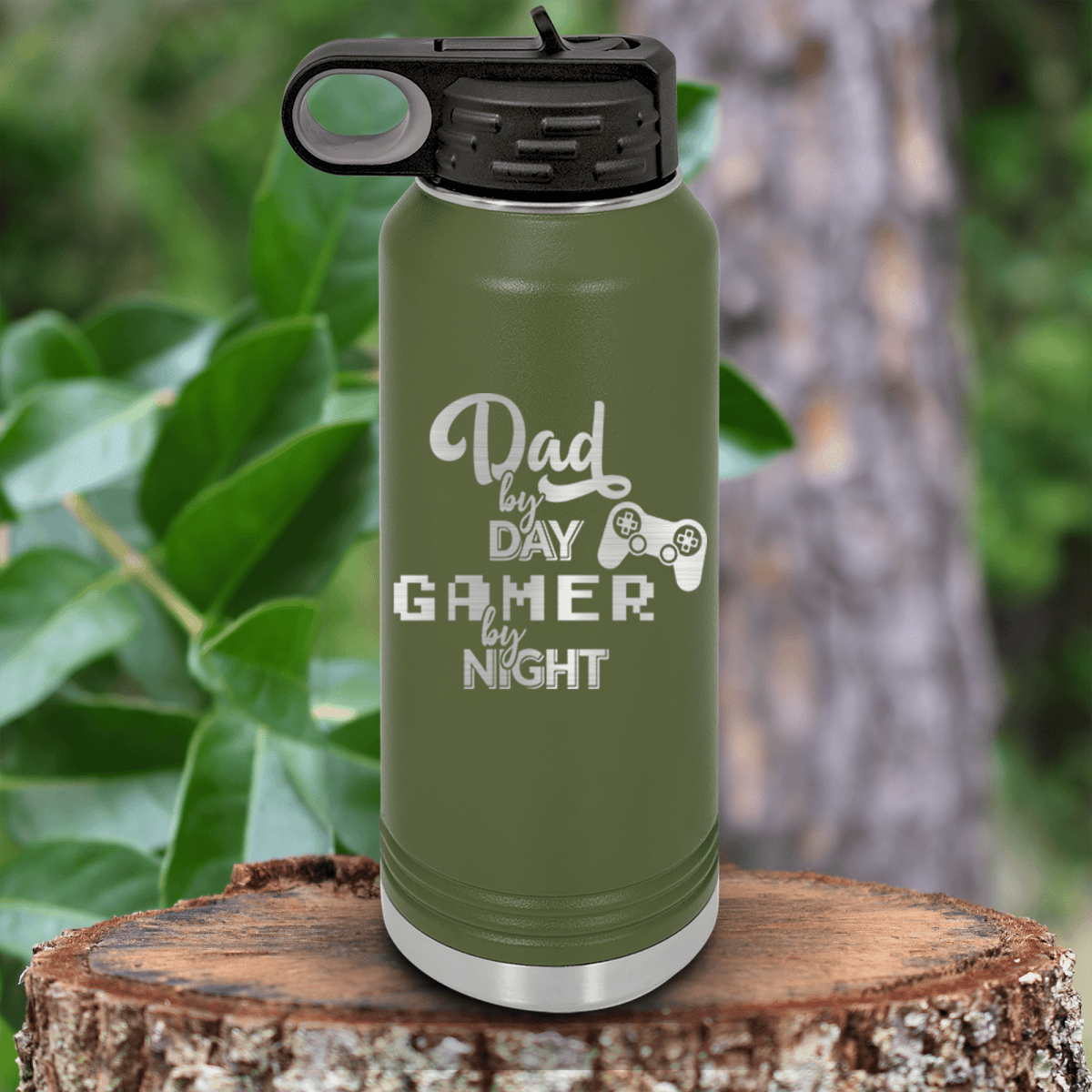 Military Green Fathers Day Water Bottle With Night Gamer Dad Design