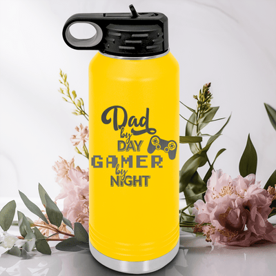 Yellow Fathers Day Water Bottle With Night Gamer Dad Design