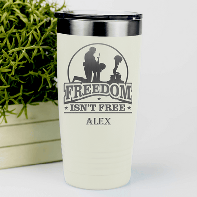 White Veteran Tumbler With Not So Free Soldier Design