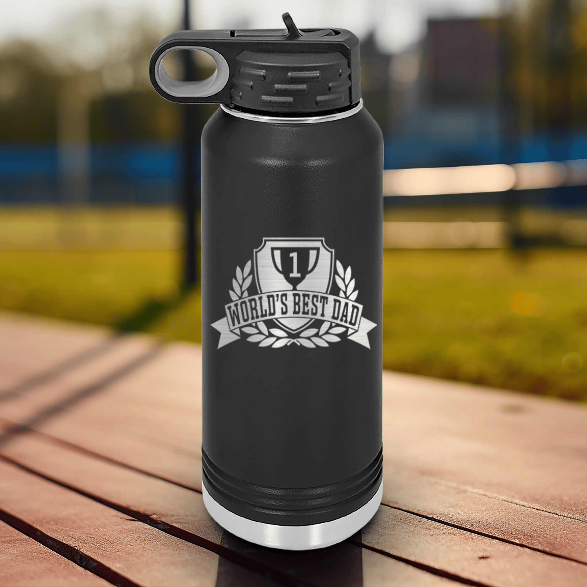 Black Fathers Day Water Bottle With Number 1 Dad Design